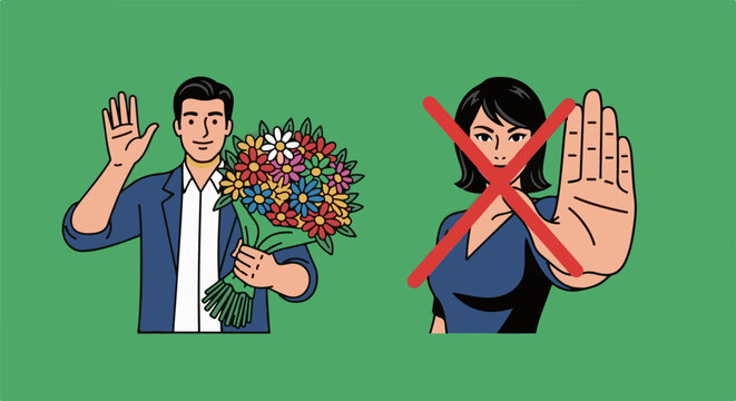 A man offers flowers while a woman rejects them with a stop gesture