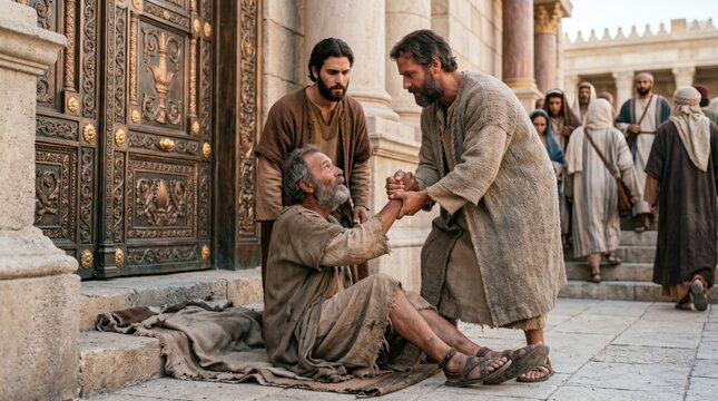 Apostles Peter and John healing a crippled beggar at the temple gate. Biblical scene based on the Acts of the Apostles. Religious story illustrating faith, compassion and miracle.