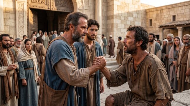 Apostle Peter heals a lame man at the temple gate. Biblical scene depiction from Acts 3. Faithful disciple helping a beggar in ancient Jerusalem. Historical divine miracle concept.