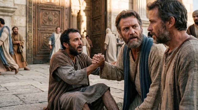 Apostle Peter helping crippled man at temple gate. Historical biblical scene showing miracle of healing described in Acts 3. Religious reenactment of ancient faith and divine grace.