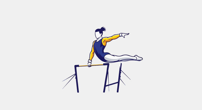 A gymnast performs a routine on parallel bars, showcasing strength and flexibility