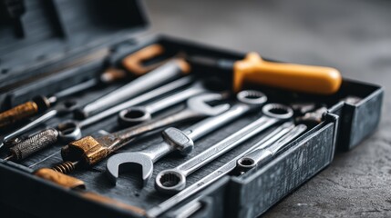 Fototapeta premium Chaos in the Toolbox: Scattered Tools Close Up, Macro Shot of Maintenance Problem with Metal Texture under Natural Lighting
