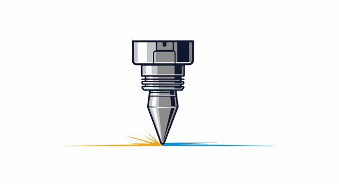 A metallic tool tip inscribes a line of blue and orange on a white background
