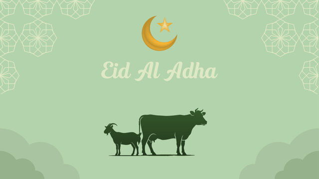 Eid al adha / idul adha holiday greeting card or poster vector art with with simple style stars, cloud and line art background with ratio 16:9. use goat and cow flat vector.