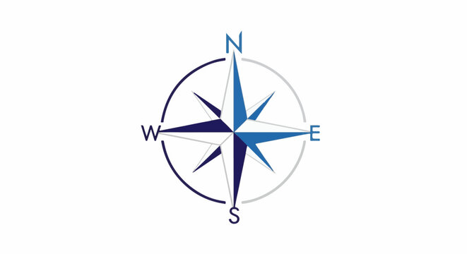 A graphic compass rose with dark blue and light blue points against a white background