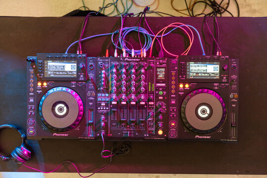 Vibrant DJ equipment setup