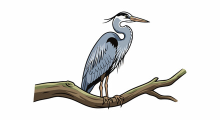 A grey heron stands on a thick, brown branch against a white background © rizki