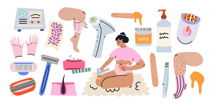 Body care and hair removal equipment, razor, epilator, tweezers, wax, laser and skin care products. Concept of female hygiene and beauty routine. Vector illustrations