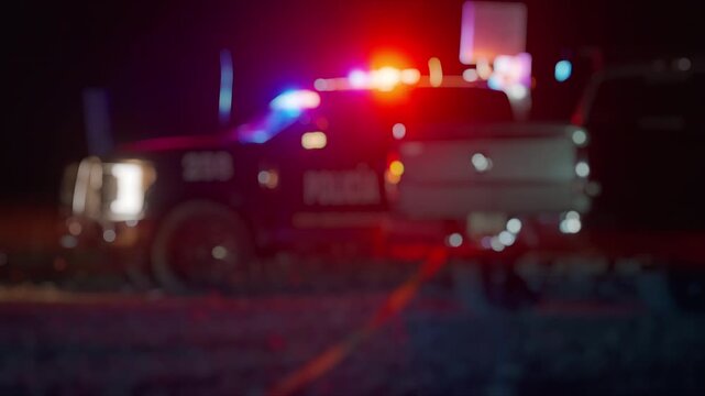 Blurred police truck with red and blue emergency lights flashing in darkness. Out of focus law enforcement vehicle at nighttime crime scene with beautiful bokeh effect from rotating sirens.