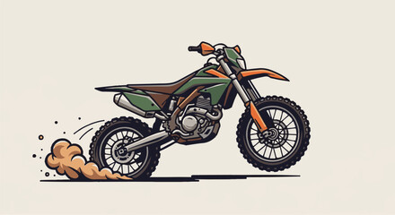 Obraz premium A green and orange dirt bike kicks up dust as it speeds across a light background