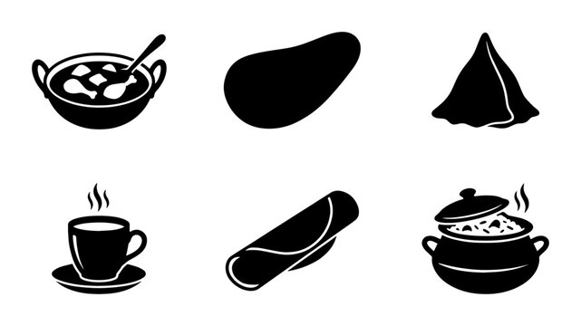 Indian food icon set, traditional cuisine black silhouettes, 6 vector elements including curry, samosa, naan, and masala chai for restaurant menus