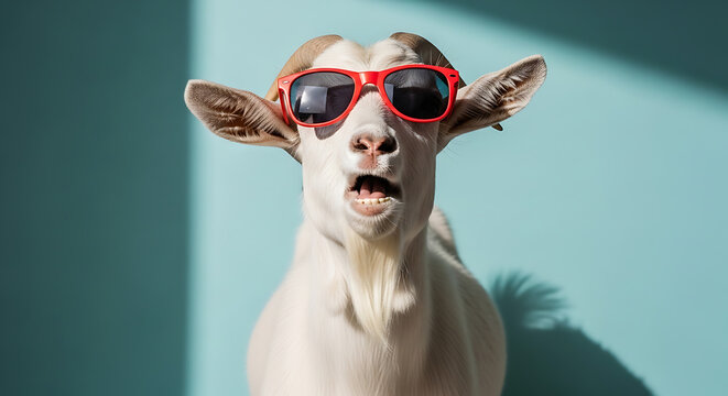 White goat wearing bright red sunglasses looks surprised with open mouth against solid teal studio background for animal art.