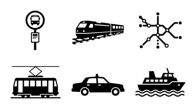 Public transport icon set, black silhouette transportation symbols, set of 6 vector icons for urban travel, city transit and logistics graphics