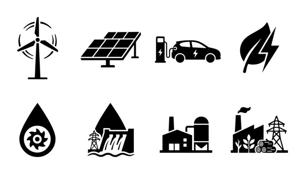 Renewable energy icon set, sustainable power and green technology vector symbols, 8 black flat icons for environmental industry and clean electricity