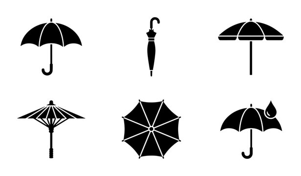 Black umbrella icon set, rainy weather protection symbols, collection of 6 flat vector parasol silhouettes for web design and mobile apps