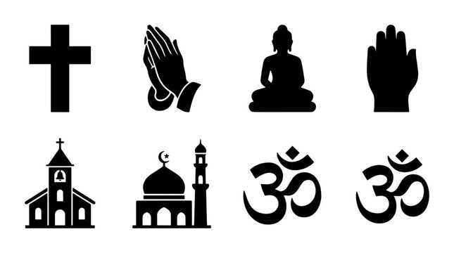 Religious symbols set with 8 black icons, spiritual faith signs including cross and buddha, church and mosque vector silhouettes for worship