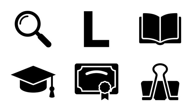 Education and learning icon set, black solid academic symbols, graduation cap and diploma vector collection, school and study elements