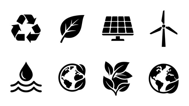 Eco friendly icon set with 8 black vector symbols, renewable energy and sustainability icons, recycle and solar power graphics for green environment
