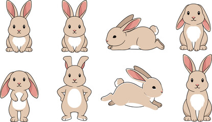 Obraz premium Cute bunny rabbits collection with different poses, adorable cartoon hare characters set in soft vector style isolated on white background