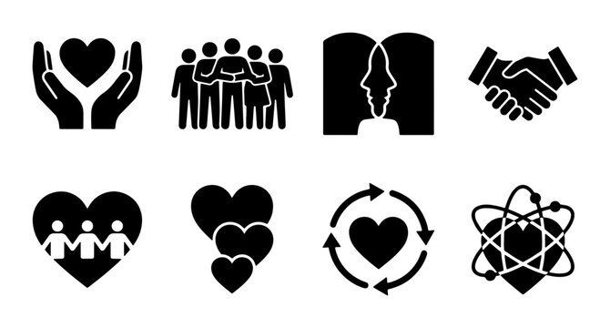 Community support and charity icons set, black silhouette people and heart symbols vector, social care and partnership collection for non-profit organizations