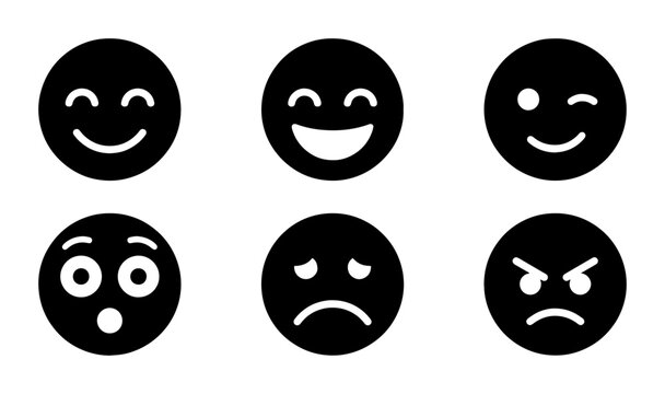 Minimalist emoji icon set, solid black facial expression symbols, collection of 6 vector emoticons for user interface and feedback design