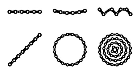 Obraz premium Bicycle chain vector icons set, black bike chain link silhouettes in circle and line shapes, industrial metal chain elements for cycling logos
