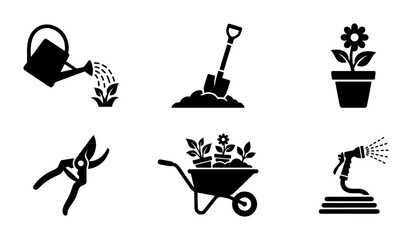 Gardening icon set with black silhouette tools, collection of 6 garden equipment symbols, watering can and shovel vector illustrations for landscaping © Farzana
