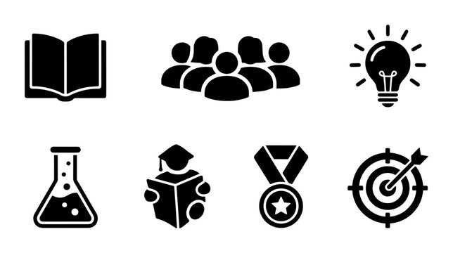 Minimalist education icons set, black solid vector symbols for learning and school, academic achievement and science research graphics for web design