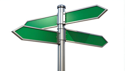 Obraz premium A modern directional signpost with three green arrows points in different directions against a stark white background, symbolizing choices and navigation.