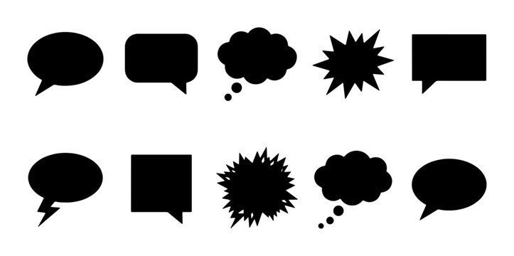 Black speech bubble silhouettes, set of 10 comic book talk clouds and thought bubbles, flat vector chat icons for social media and communication