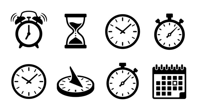 Minimalist time management icons set, black clock and watch symbols, 8 vector elements for schedule planning and productivity tracking