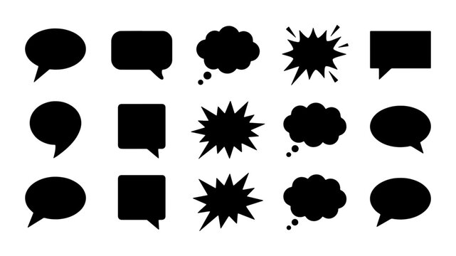Black speech bubble silhouettes set, 15 comic book thought bubbles and chat icons, flat vector communication symbols for social media and dialogue
