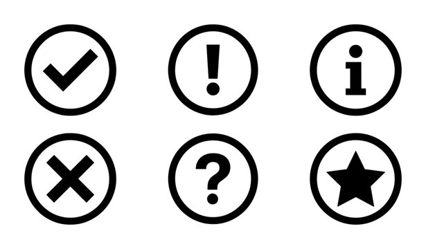 Minimalist interface icons set, black circular web buttons with checkmark and cross, information and alert symbols, vector UI elements for apps