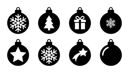 Minimalist Christmas bauble icons, set of 8 black holiday ornament silhouettes, festive winter decoration symbols for greeting cards and web design © Saif