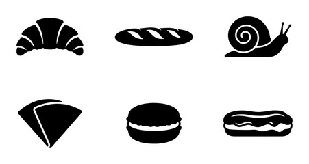 French cuisine icon set with 6 black vector silhouettes, traditional bakery and pastry symbols, croissant and baguette food illustrations © Reshma