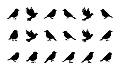Fototapeta premium Minimalist bird silhouettes set, 18 black sparrow and songbird icons in flight and perched poses, flat vector wildlife collection for nature design
