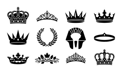 Royal crown silhouettes and heraldic symbols, set of 12 black vector icons, majestic tiaras and laurel wreath for luxury branding and logo design © Saif