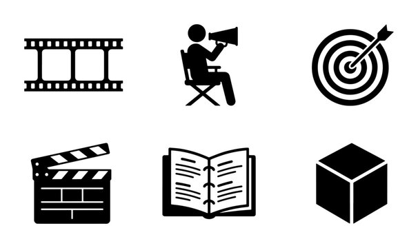 Minimalist cinema and media production icons set, black movie director and film industry symbols, creative storytelling and marketing vector elements