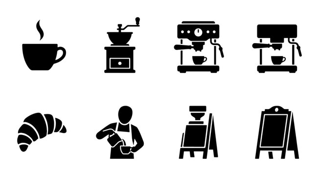 Coffee shop icon set with 8 black vector elements, professional barista and espresso machine silhouettes, cafe menu board and croissant symbols