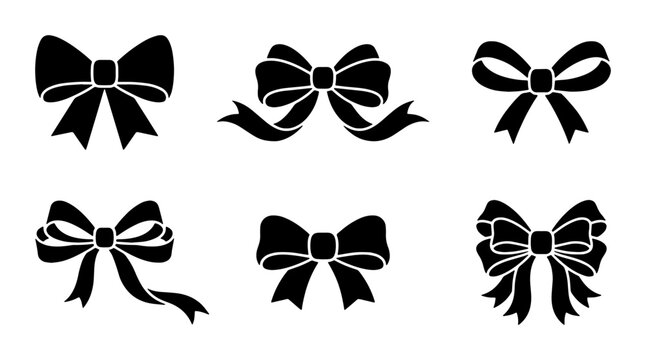 Black ribbon bow silhouettes set, 6 decorative gift bow vector icons, elegant satin ribbon knots for wedding invitations and holiday packaging