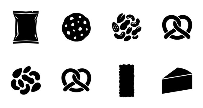 Black snack icon set with 8 vector elements, salty and sweet food silhouettes, pretzel and nut snack graphics for menu design