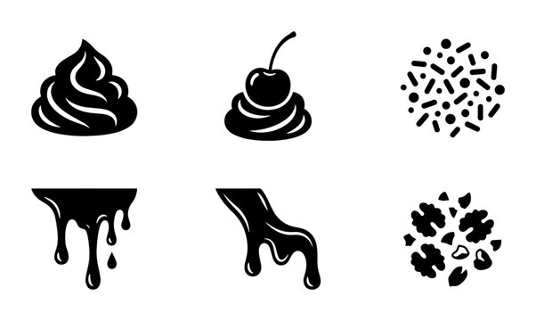 Chocolate dessert topping icons, black whipped cream and cherry vector set, dripping sauce and sprinkles collection for bakery menu design