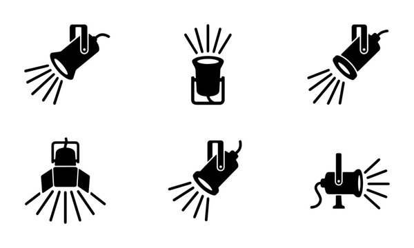 Stage spotlight icon set, professional theater lighting equipment vectors, black studio lamp silhouettes for event production and performance