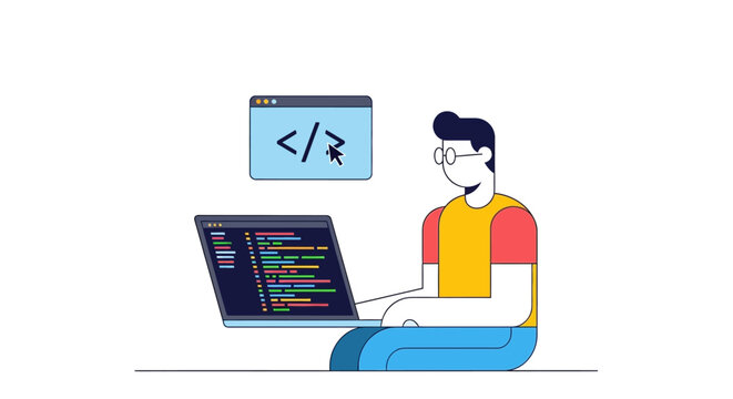 A flat vector illustration of a software developer coding on a laptop.