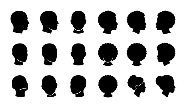 Minimalist human head silhouettes, set of 18 diverse profile and front view icons, black vector people portraits for user avatars and social media
