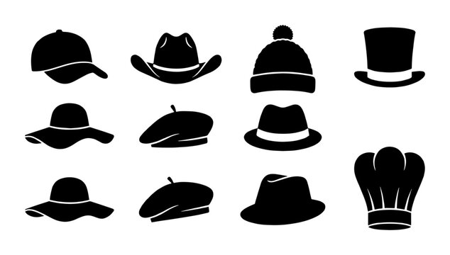 Black hat icons set, flat vector headwear silhouettes, collection of 11 fashion hats and caps for apparel design and retail branding