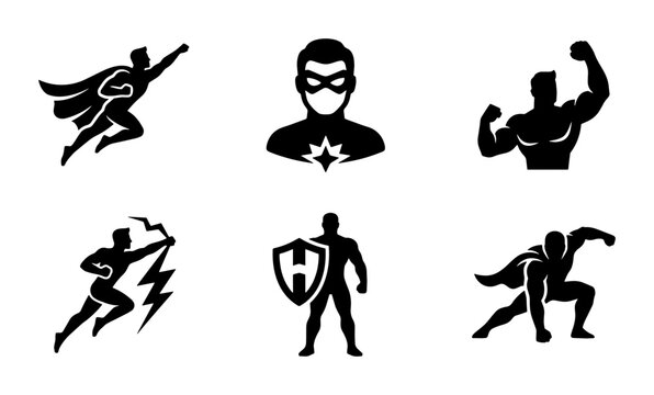 Superhero silhouette icons set, comic book hero character collection, 6 black vector graphics of muscular men in capes and masks for gaming and branding