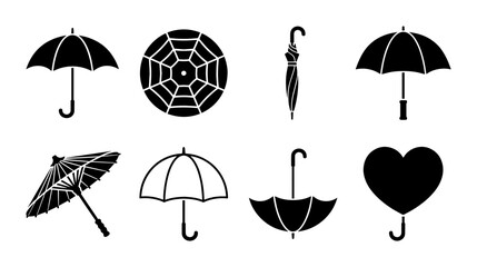 Black umbrella icons set, minimalist weather protection silhouettes, 8 vector parasol symbols for rain and sun, heart shaped umbrella and parasol graphics © Trisha