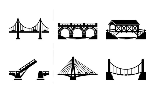Black bridge icons set, architectural bridge silhouettes including suspension and stone arch styles, 6 vector bridge illustrations for engineering and travel design