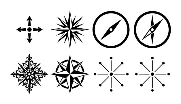 Nautical compass rose icons set, black wind rose vector symbols, vintage maritime navigation elements, 8 minimalist map direction pointers